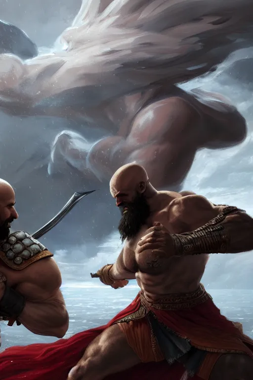 Image similar to kratos fighting zeus in the olympus, highly detailed, digital painting, artstation, concept art, smooth, sharp focus, illustration, unreal engine 5, 8 k, art by artgerm and greg rutkowski and edgar maxence