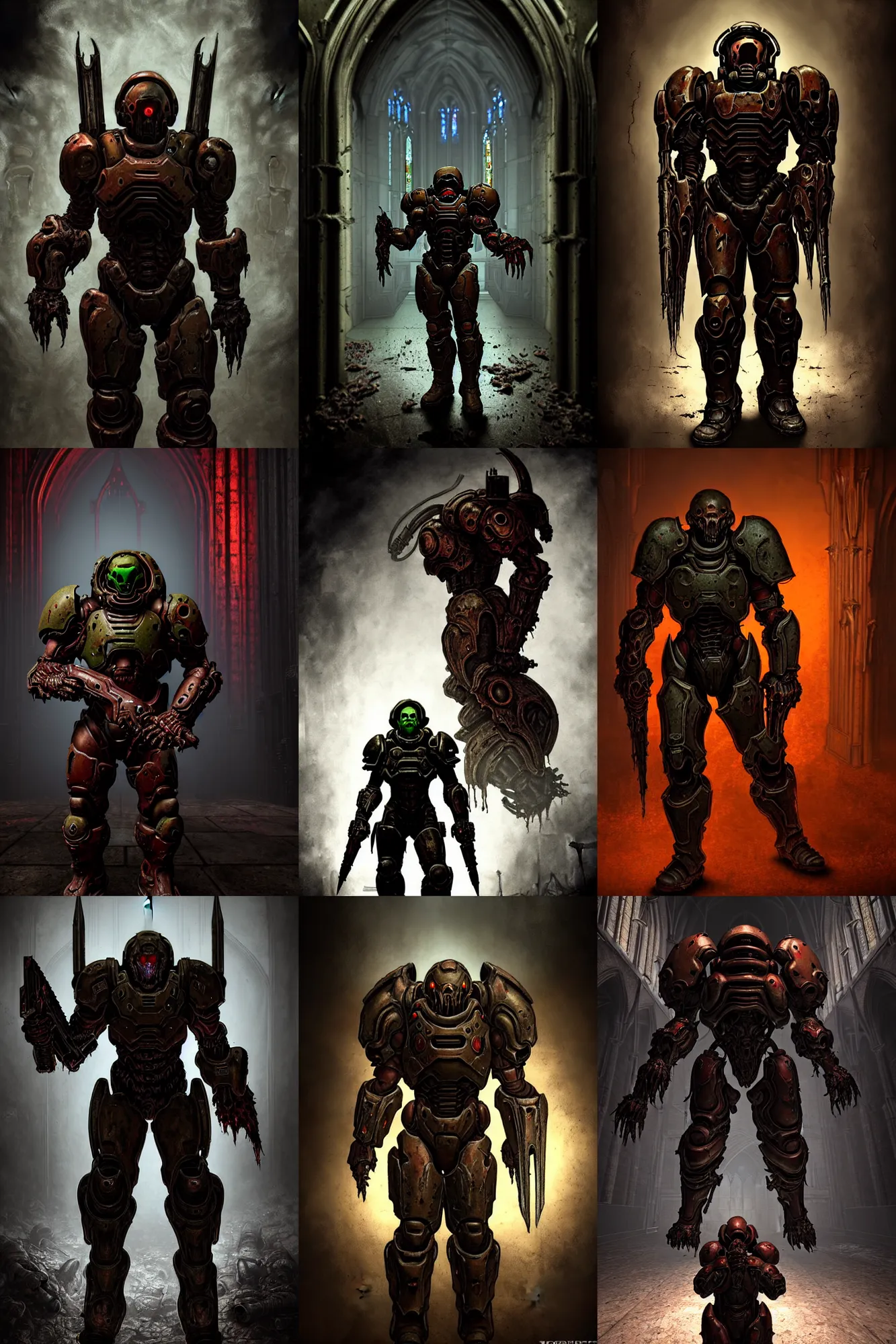 Prompt: character portrait of an individual in doom slayer armor from doom 2 0 1 6 in a gothic church!!!, rusty metal walls, broken pipes, dark colors, muted colors, tense atmosphere, mist floats in the air, amazing value control, muted colors, moody colors, dramatic lighting, in the style of frank frazetta, doom video game