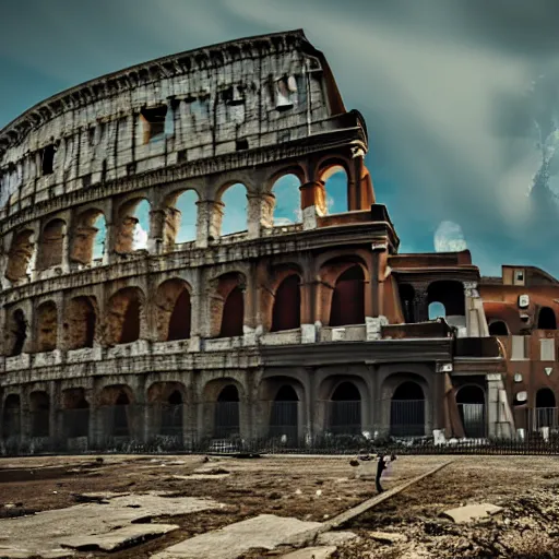 Image similar to post apocalyptic Rome,ultra wide, octane render, cinematic, hyper realistic,