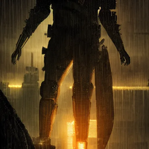 Prompt: a midieval warrior wearing tacos for armor, in the a blade runner like city, detailed, 4k,