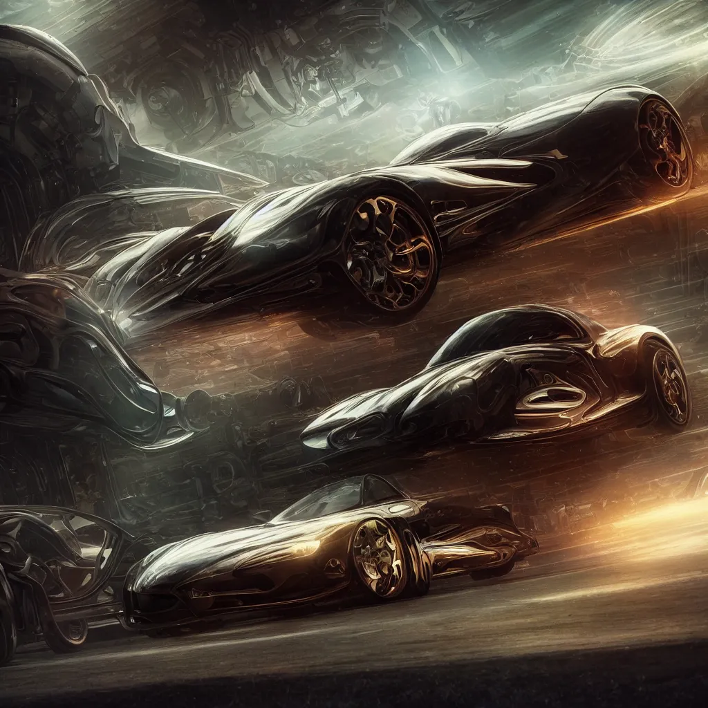 Image similar to open top sports car shaped time machine in latent space, mechanical fantasy, intricate, elegant, highly detailed, digital painting, concept art, smooth, sharp focus, illustration, divine realm of gods, realistic cinematic style, filmed in 70mm, volumetric lighting, octane render, photographic, concept art, artist Leonardo DaVinci, unreal engine 8k