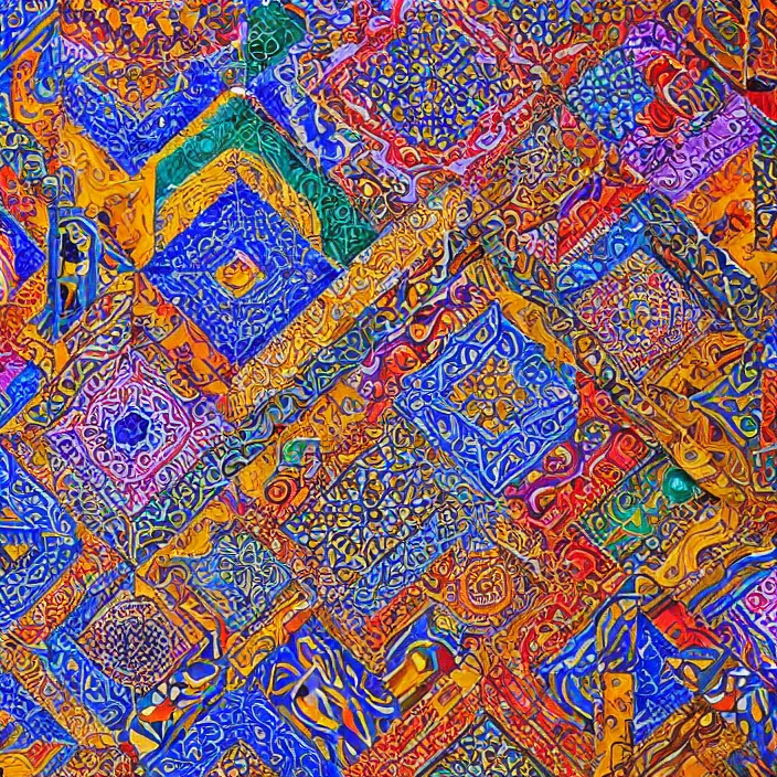 Prompt: hyper realistic wide shot of very detailed and colorful intricate perfectly tiling african geometric patterned tiles, flat lighting, top - down photograph, canon eos r 3, iso 2 0 0, 1 / 1 6 0 s, 8 k, raw, unedited, in - frame