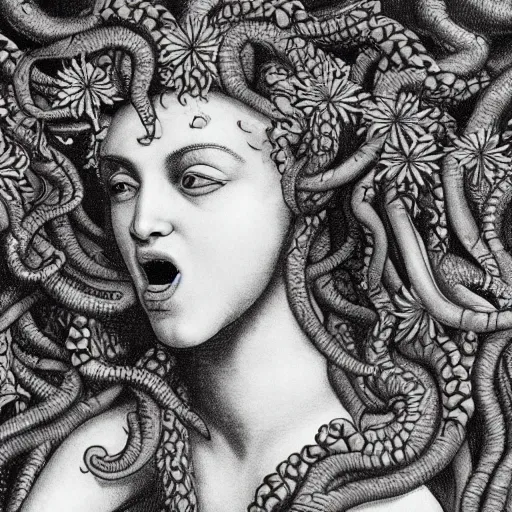 Prompt: detailed, portrait of medusa, screaming, surrounded by lotus flowers and geometry