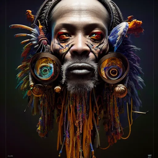 Prompt: a beautiful surreal illustration of witchdoctor highly detailed, liquid oilpaint, doug chiang, gustave dore, leonardo da vinci, trending on artstation, industry, lucid and intricate, rectilinear, digital art, octane, redshift, vray, 8 k, 6 4 megapixels, zbrush central, behance hd, hypermaximalist, well rendered