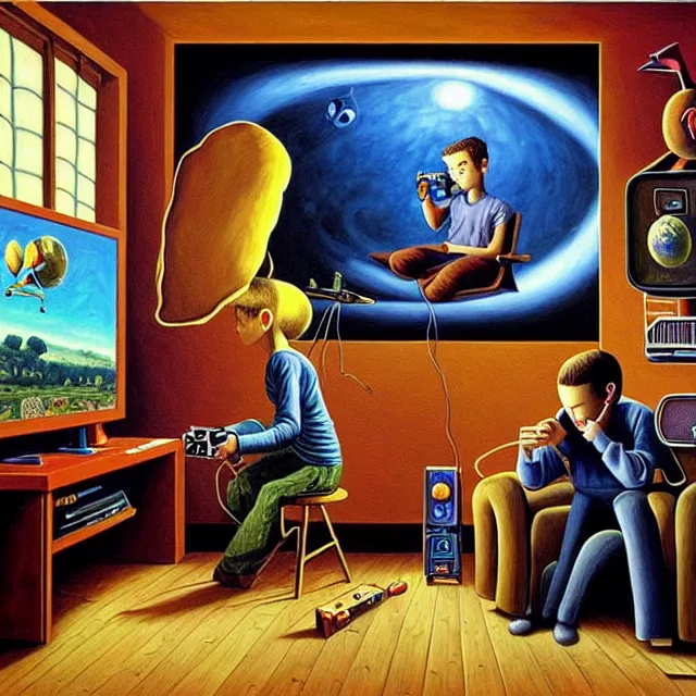 Prompt: an oil on canvas portrait of a teenager in his room playing videogames and watch television, surrealism, surrealist, cosmic horror, rob gonsalves, high detail