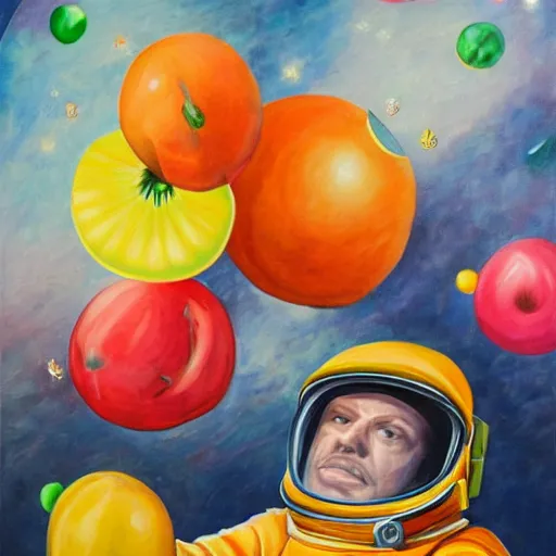 Prompt: an astronaut floating in space, fruits are floating around him, oil painting