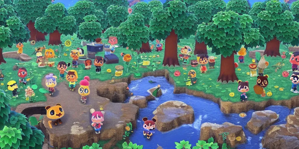 Prompt: Photo of a real Animal Crossing village discovered in the forest, nature documentary