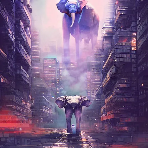 Image similar to elephant in futuristic cyberpunk city, flying cars on background, acrilic paint, digital, artstation, detailed intricate ink illustration, heavenly atmosphere, digital art, overdetailed art, concept art, complementing colors, trending on artstation, cgstudio, the most beautiful image ever created, dramatic, subtle, details, award winning artwork, beautiful scenery