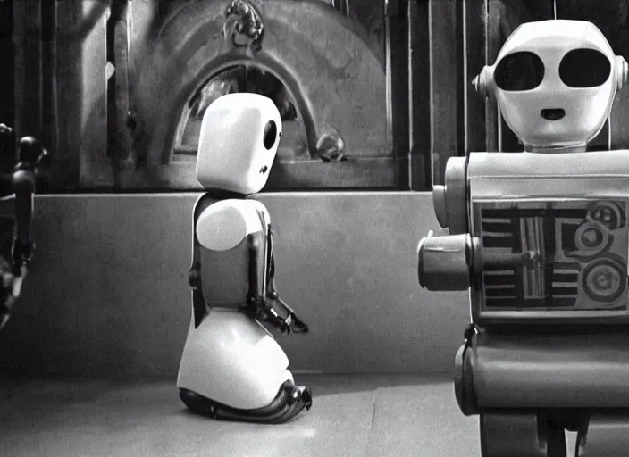 Prompt: a movie still from the silent film When Robots Dream