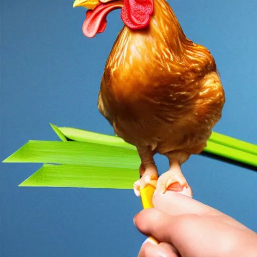 Prompt: a chicken on a lilly stick, photo realistic