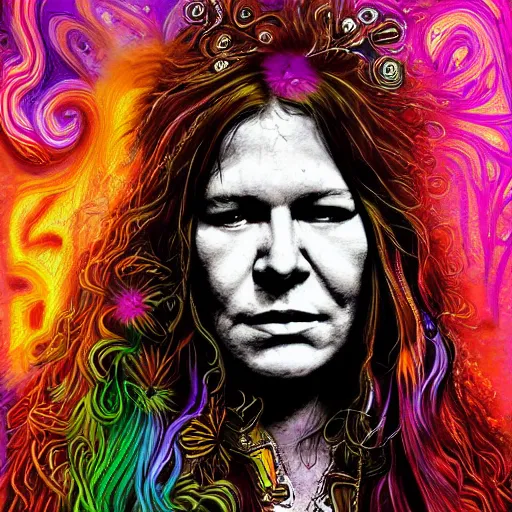 Image similar to An extremely psychedelic portrait of Janis Joplin, surreal, LSD, face, detailed, intricate, elegant, lithe, highly detailed, digital painting, artstation, concept art, smooth, sharp focus, illustration