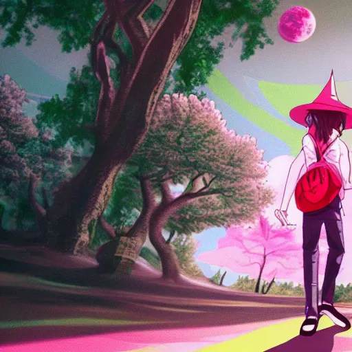 Image similar to a pink skinny anime boy wearing a small satchel and a pink witches hat walking through a psychedelic landscape