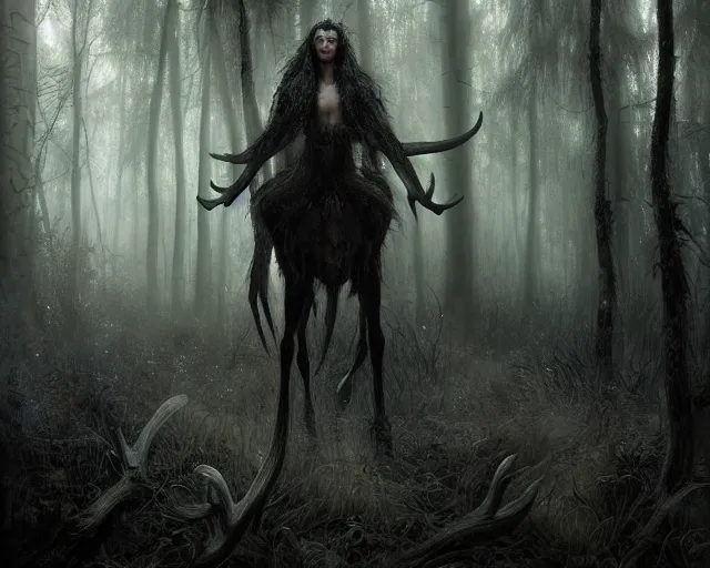 Prompt: 5 5 mm portrait photo of a man with pitch black skin, white eyes, and long antlers in a magical forest. magical atmosphere. art by greg rutkowski and luis royo. highly detailed 8 k. intricate. lifelike. soft light. nikon d 8 5 0.