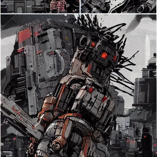 Prompt: the spacebattle, industrial scifi, cyberpunk, in the style of Ashley Wood and Moebius