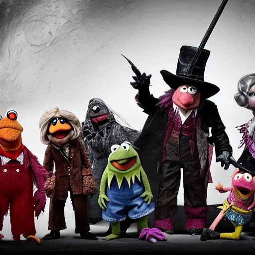 Prompt: the cast of the muppets in bloodborne. gonzo is dressed as eileen the crow. ms. piggy is the plain doll. kermit is dressed as gehrman. fozzy bear is dressed as micolash.