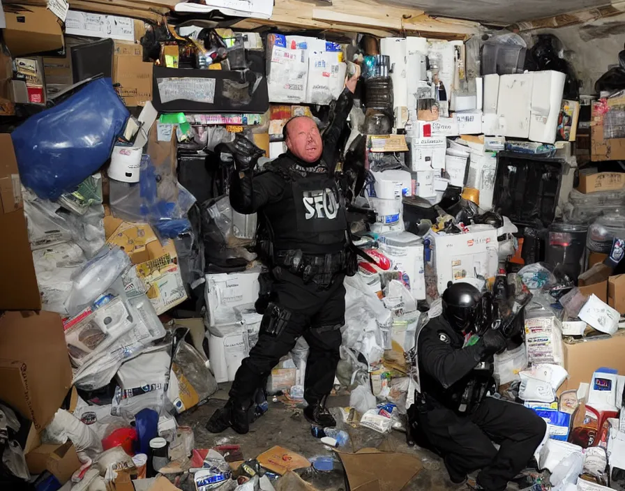 Image similar to Alex Jones inventing new conspiracy theories in his garage office, surrounded by boxes of herbal supplements and trash, swat riot team is kicking in the door, tear gas, detailed photograph high quality