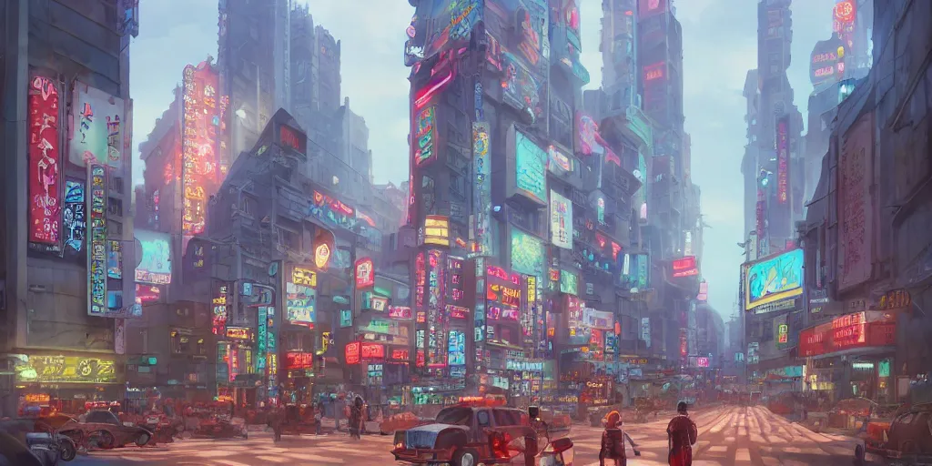 Prompt: A highly fantasy detailed matte painting of Buildings with Japanese Billboards and neonsigns by Studio Ghibli, Makoto Shinkai, by Artgerm, by WLOP, by Greg Rutkowski, volumetric lighting, octane render, 4K resolution, trending on artstation, masterpiece, simon stalenhag