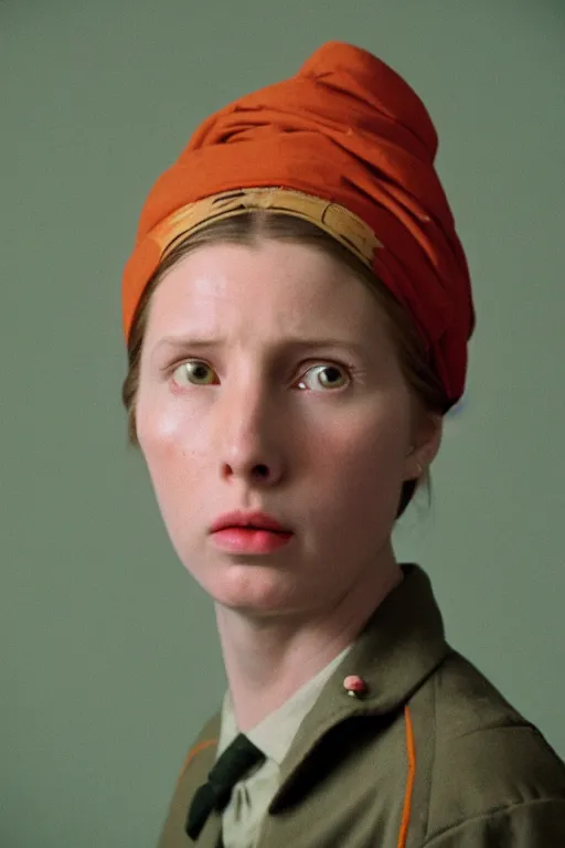 Image similar to beautiful wes anderson movie 3 5 mm film still, only one head single portrait team fortress 2 scout the girl with the pearl earring as the team fortress 2 scout team fortress 2 scout team fortress 2 scout scout team fortress 2 scout, absurdly beautiful, elegant, photographic ultrafine hyperrealistic detailed face wes anderson color, vintage, retro,