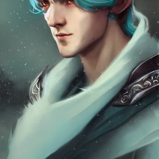 Image similar to half length portrait of a handsome male snow elf in a turquoise cape and silver ornate armour as an archer, albino skin, pale pointed ears, winter vibes, perfect face, elegant, very coherent symmetrical artwork, atmospheric lighting, rule of thirds, by wenjun lin, krenz cushart, charlie bowater, trending on artstation