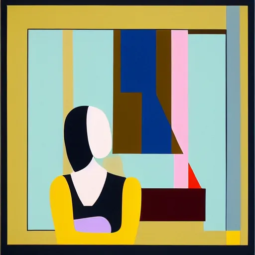 Image similar to A painting of person standing next to a window, abstract painting in the style of Sophie Taeuber-Arp and Gary Hume and Tatsuro Kiuchi, flat colour-block style, geometric abstraction, deep earthy colours