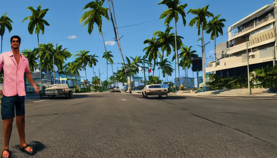 Image similar to in the streets of miami in the style of gtav, full - frame of tommy vercetti, wearing a hawaiian - shirt, as a character from gtav, looking at camera