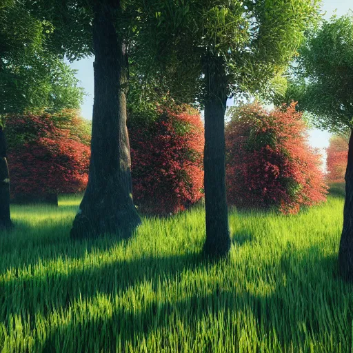 Image similar to Furry trees in a flowery meadow, 4K octane render, volumetric lighting