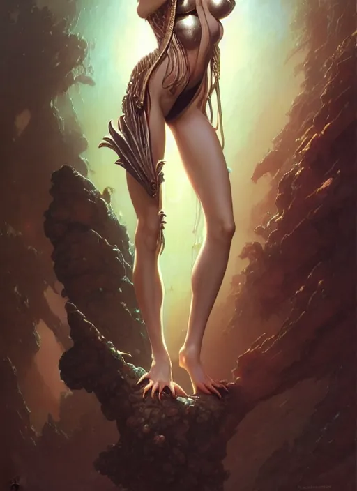 Image similar to girls posing seductively, fantasy character portrait, bikini, bodysuit, leotard, ultra realistic, wide angle, intricate details, the fifth element artifacts, highly detailed by peter mohrbacher, hajime sorayama, wayne barlowe, boris vallejo, aaron horkey, gaston bussiere, craig mullins