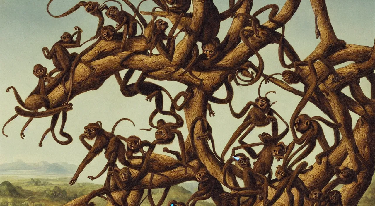 Image similar to ten monkey like ants on a giant ant of monkeys, by most renowned artist of the romanticism, hiperrealism,