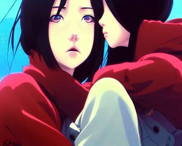 Image similar to two girls kissing | very very anime!!!, fine - face, audrey plaza, realistic shaded perfect face, fine details. anime. realistic shaded lighting poster by ilya kuvshinov katsuhiro otomo ghost - in - the - shell, magali villeneuve, artgerm, jeremy lipkin and michael garmash and rob rey