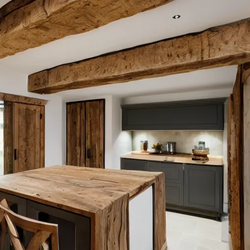 Prompt: modern rustic luxury bespoke kitchen design by Tom Howley