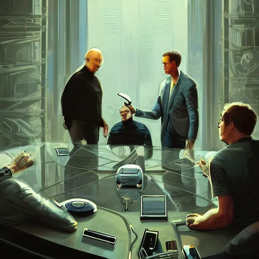 Image similar to cell shaded illustration of a meeting between elon musk, mark zuckerberg, jeff bezos, very detailled, art contest winner on behance, trendy on deviant art, by by artgem, greg rutkowski, by greg tocchini, by joe fenton