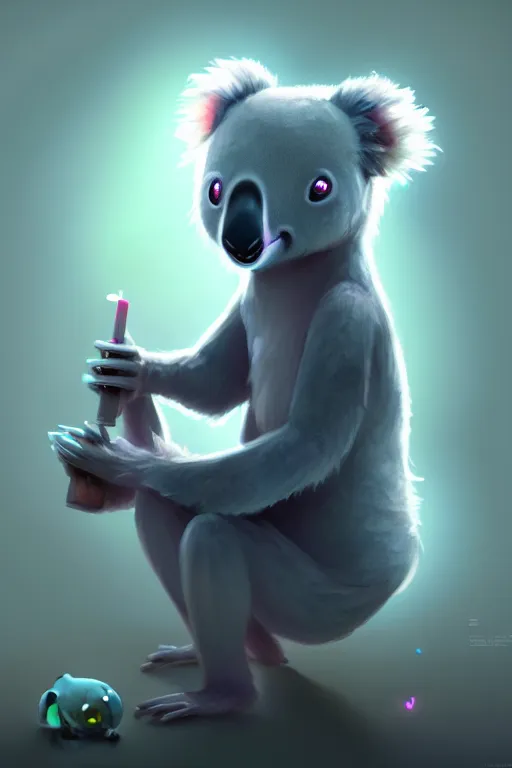 Prompt: super cute Bioluminescent humanoid koala character concept, soft light, soft mood, realistic body features and face, illustration, painting oil on canvas by Elena Zhurikhina and Goro Fujita and Charlie Bowater, octane render trending on artstation, 4k, 8k, HD