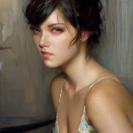 Prompt: a high fashion shoot stunning backlit portrait of frowning anime girl, painting by gaston bussiere, craig mullins, j. c. leyendecker