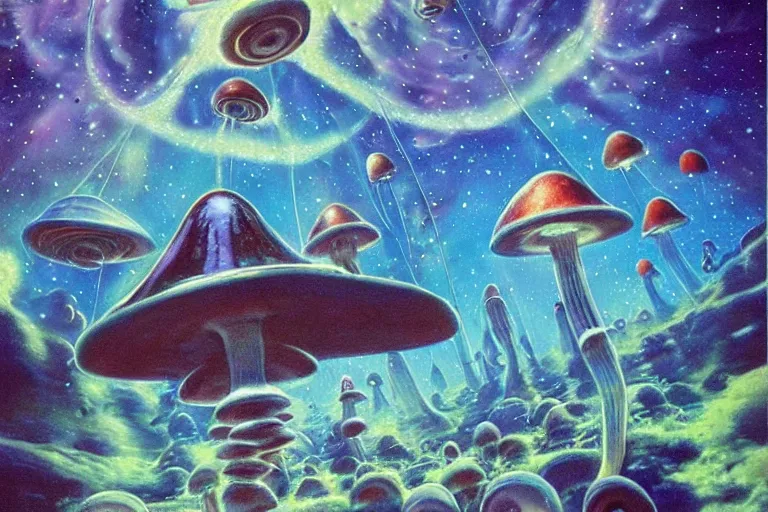 Image similar to how magic mushrooms can take us to the farthest reaches of innerspace, painting by james gurney