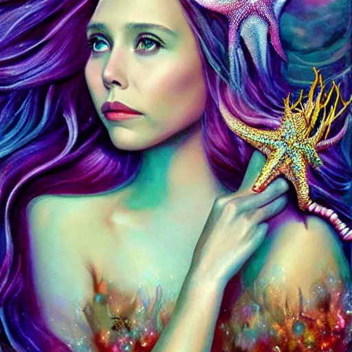 Prompt: “ elizabeth olsen portrait, fantasy, mermaid, hyperrealistic, highly detailed, cinematic lighting, pearls, glowing hair, shells, gills, crown, water, highlights, starfish, goddess, jewelry, realistic, digital art, pastel, magic, fiction, ocean, game, queen, colorful hair, sparkly eyes, fish, romantic, goddess, waves, bubbles ”
