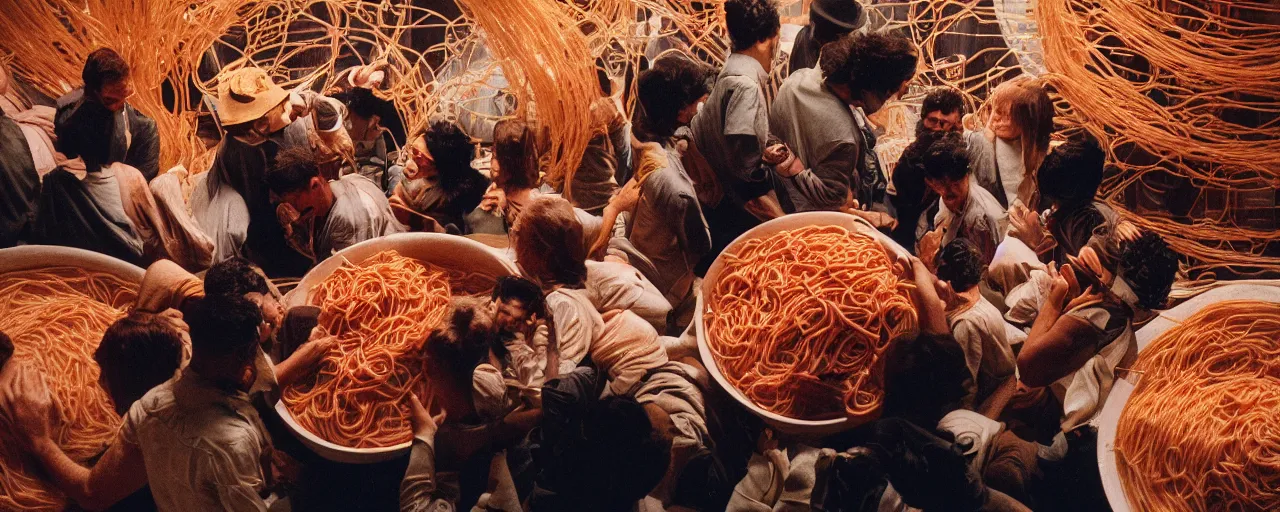 Image similar to a group of people inside a giant bowl of spaghetti, trying to get out, canon 5 0 mm, cinematic lighting, photography, retro, film, kodachrome