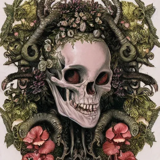 Prompt: a beautiful detailed front view rococo portrait of a rotten woman corpse becoming almost a skull with face muscles, veins, artery, fractal plants and fractal flowers and mushrooms growing around, intricate, ornate, volumetric light, beautiful lit, beetlejuice