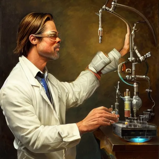 Prompt: brad pitt as a scientist, oil painting by justin gerard, deviantart, sharp