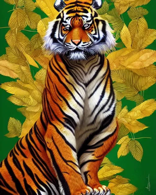 Prompt: digital art, portrait of woman - tiger on a throne, throne is spangled in green and golden leaves, majestic, tropical setting, greenish colors, powerfull by james jean and by artgerm, ultradetailed, charachter design, oil painting, trending on artstation,