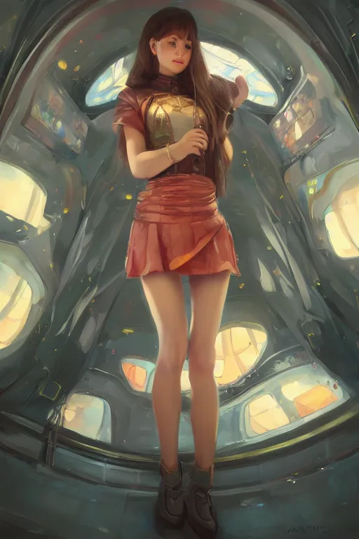 Prompt: digital art of a beautiful girl wearing a mini skirt in a medieval spaceship, expressive oil painting, by wlop, by artgerm, by dan mumford, anime style, octane render, full body shot