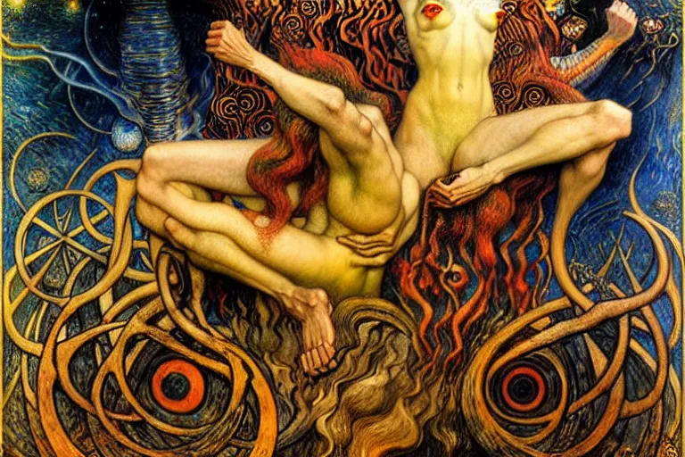 Image similar to Divine Chaos Engine by Karol Bak, Jean Delville, William Blake, Gustav Klimt, and Vincent Van Gogh, symbolist, visionary