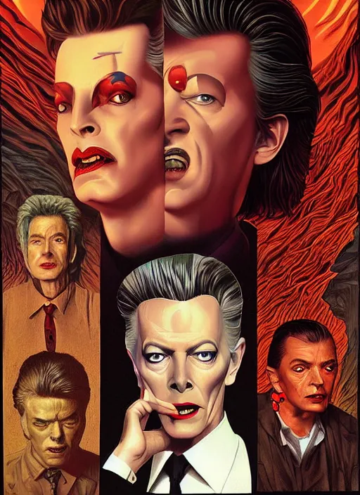 Image similar to twin peaks poster art, portrait of the demons of the black lodge have got david bowie swapped around their finger, by michael whelan, rossetti bouguereau, artgerm, retro, nostalgic, old fashioned