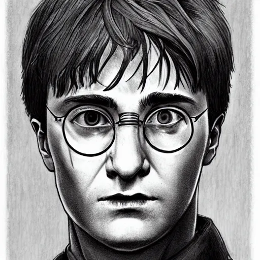 Prompt: a close up portrait of harry potter as a retired auror, focused gaze, art station, highly detailed, concept art, sharp focus, illustration in pen and ink, wide angle, by kentaro miura