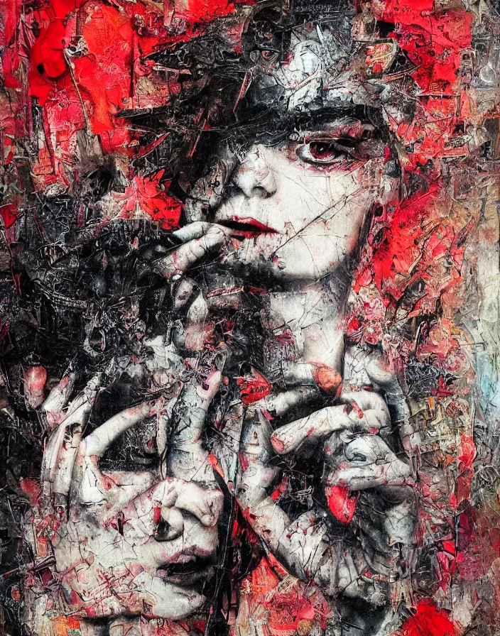 Prompt: heartbroken aesthetical devil detailed and highly reliefed analogue mixed media collage with canvas texture in style of conteporary art, punk art, hyperrealistic beautiful face, photorealistic, expressionism, masterpiece, perfect composition, spectacular quality, intricate oil details
