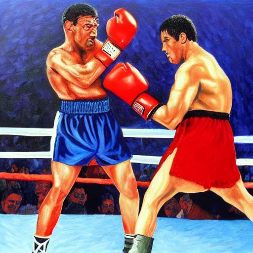 Prompt: rocky i fighting rocky iv oil painting