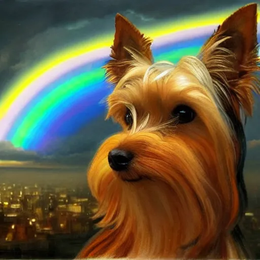 Image similar to Yorkshire Terrier under a rainbow in the style of Lady with an Ermine, head and shoulders portrait, stormy weather, extremely detailed masterpiece, oil on canvas, low-key neon lighting, artstation, Blade Runner 2049, Roger Deakin’s cinematography, by J. C. Leyendecker and Peter Paul Rubens and Edward Hopper and Michael Sowa,