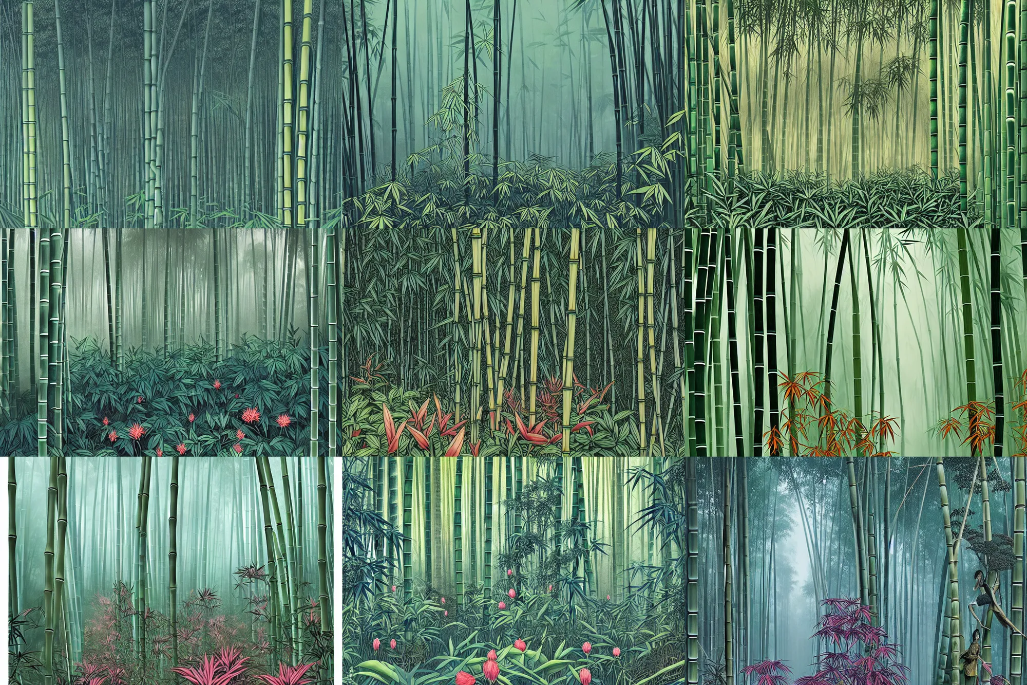 Image similar to bamboo forest, lot of exotic vegetation, trees, flowers, dull colors, in the foggy huge forest, by moebius, junji ito, tristan eaton, victo ngai, artgerm, rhads, ross draws, hyperrealism, intricate detailed