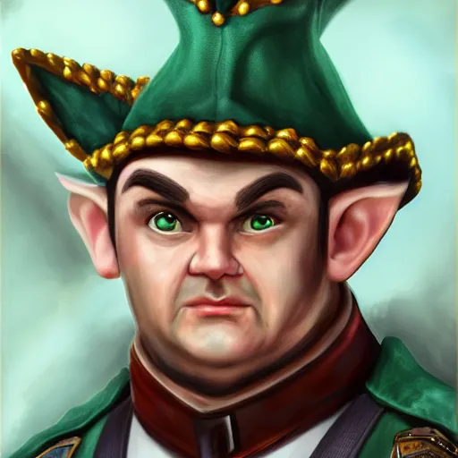 Image similar to a shifty fat high fantasy elf mall cop with a sheriff's badge, Oil Painting, hyperrealistic, Detailed Digital Art, RPG portrait, 3/4 bust, dynamic lighting, Highly Detailed, Cinematic Lighting, 8k, HD