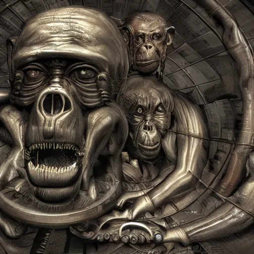 Image similar to Steam computer in ancient time surrounded by apes, highly detailed, highly realistic, artstation, by Hans Giger