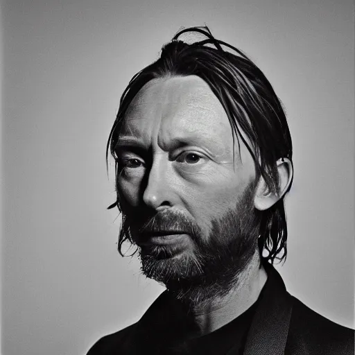 Prompt: Thom Yorke, Thom Yorke, with a beard and a black jacket, a portrait by John E. Berninger, dribble, neo-expressionism, uhd image, studio portrait, 1990s